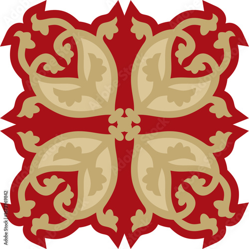 Vector gold with red gothic ornament. Medieval European art. Traditional patterns of Catholic cathedrals.

