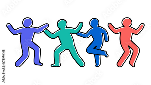 Colorful dancing figures in motion silhouettes people