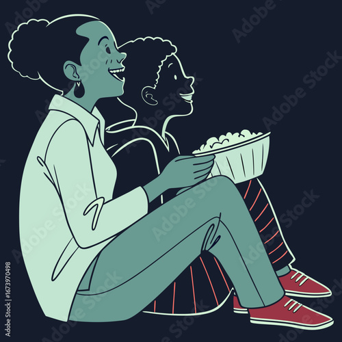 Vector art of mother and daughter watching movie while eating popcorn at home together