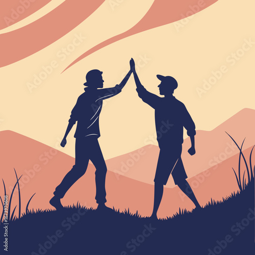 Vector art of silhouette of men giving high five on a hill with mountain background