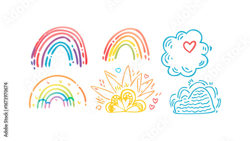 Colorful doodle icons rainbows clouds and abstract shapes
