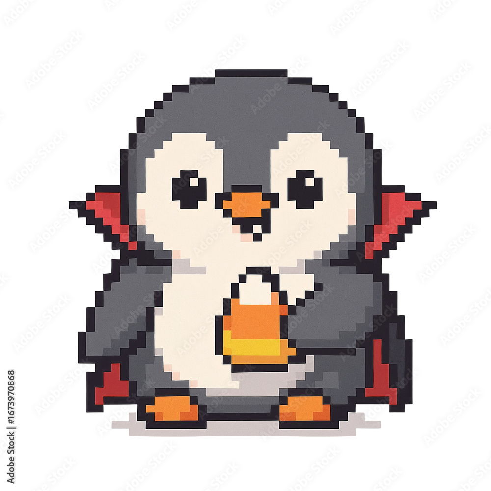Fototapeta premium Cute Pixel Art Penguin Vampire Holding Halloween Candy