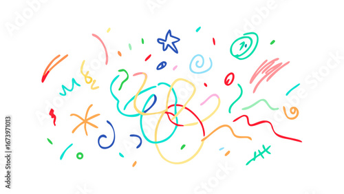 Colorful doodles and confetti scattered across white
