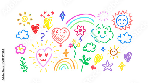 Colorful hand drawn doodles of nature and symbols rainbow