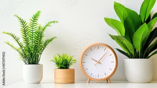 Compact pixel-style timepiece on white tabletop, accented with potted plants for minimalist tech decor