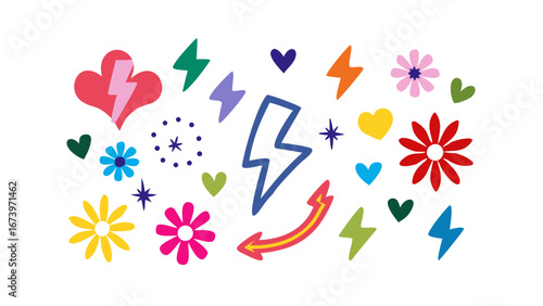 Colorful hearts lightning bolts and flowers abstract