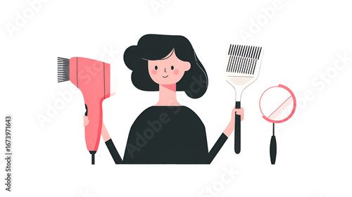 Cartoon character with dark hair holding a hairdryer a spatula and a round brush isolated on transparent background