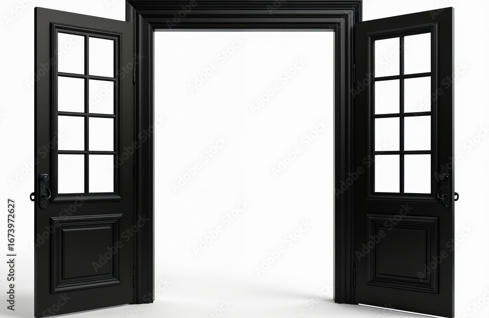 Obraz premium Open black double doors with glass panes, isolated on white background. Elegant wooden frame with simple design, offering passage and opportunity. Classic modern style for interior or exterior use.