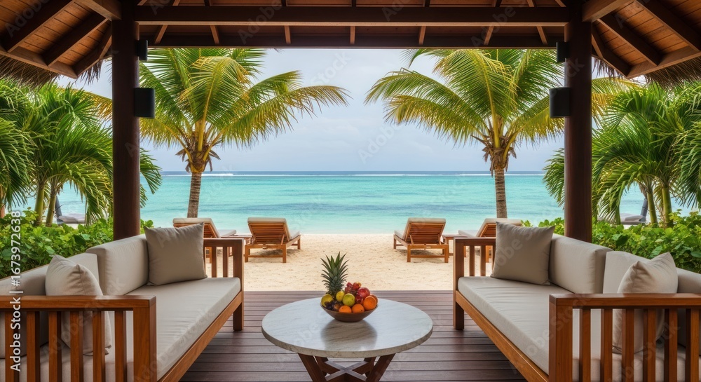 Fototapeta premium Relaxing view from gazebo onto tropical beach with palm trees and turquoise sea