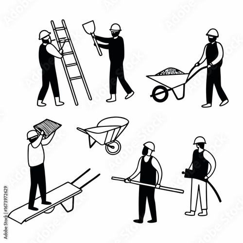 Construction workers with tools and equipment building