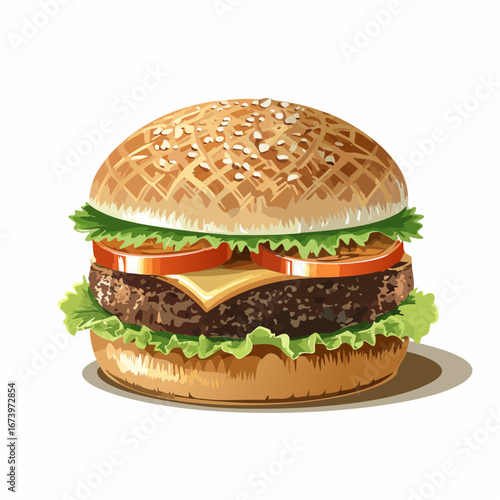 Juicy Cheeseburger with Lettuce and Tomato on Sesame Bun