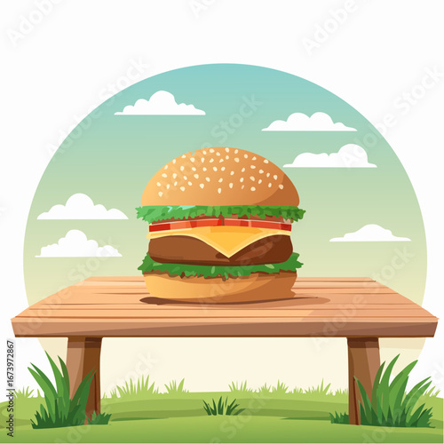 Juicy Cheeseburger on Wooden Table Outdoors