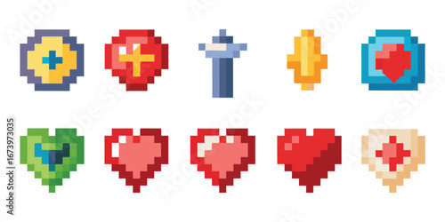 Pixel Art. Health. Game UI. A retro 8-bit vector icon set of hearts, shields, and power-ups for a video game health bar, a mobile app, or a nostalgic 80s-themed graphic design.