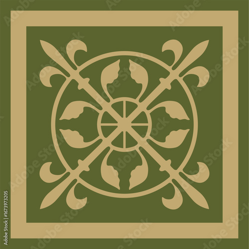 Vector gold and green ancient Roman ornament elements. Classic European parts of patterns. Lilies and crowns
