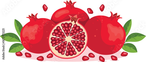 Illustration of three whole pomegranates, one halved, surrounded by seeds and leaves on a white background.