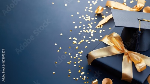 Elegant navy blue background with gold accents, featuring a graduation cap and diploma ribboned in gold