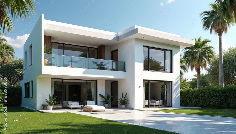 Fototapeta premium Contemporary minimalist two-story house exterior featuring white walls and a light gray tiled roof. The residence has large windows, a glass-paneled balcony, and lush green lawn with palm trees.