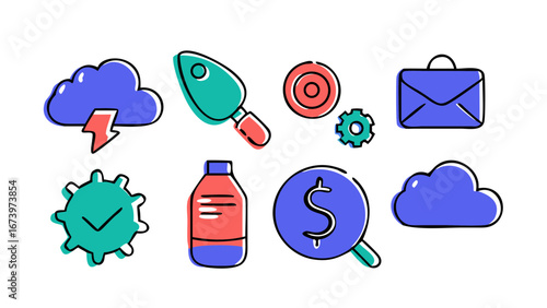 Doodle style office icons cloud lightning