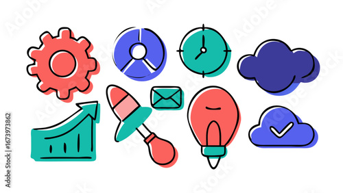 Doodle style office icons coral blue vector