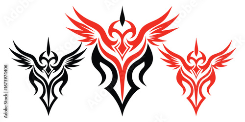 Tribal. Tattoo. Wings. A modern vector set of three abstract winged emblems in a tribal tattoo style for a t-shirt print, a car decal, a logo, or a dynamic branding design element.