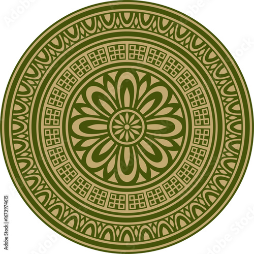 Classic Greek green and gold round ornament. Vector pattern, circle of ancient Hellenes. European border - ring.
