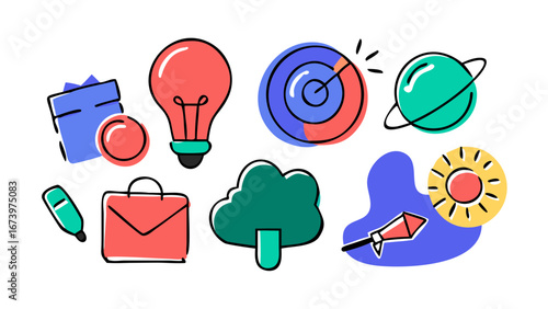 Hand drawn business and office icons lightbulb