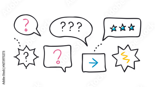 Hand drawn chat bubbles with questions and stars question marks