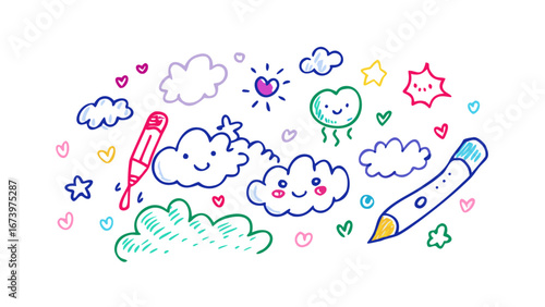 Hand drawn colorful doodles with crayon effect marker