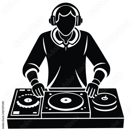 Black silhouette of a D J with headphones playing turntables