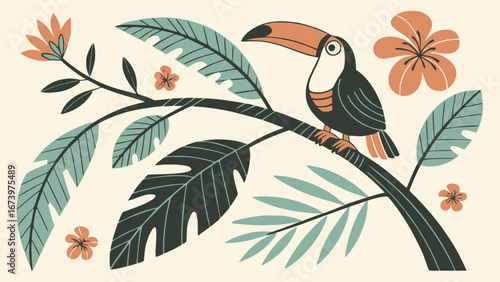 Vector of tropical toucan bird sitting on palm branch, colorful summer wildlife design, flat illustration, white background