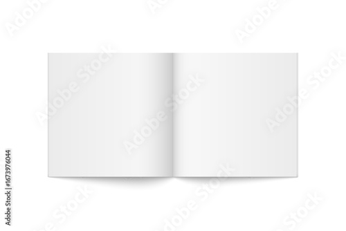 Vector mockup of paperback square magazine spread with white cover isolated. Realistic softcover book, brochure or booklet template opened on white background. 3d illustration.