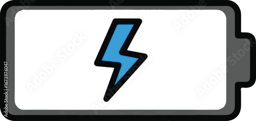 A cartoon-style illustration of a battery icon with a blue lightning bolt, symbolizing charging or power.