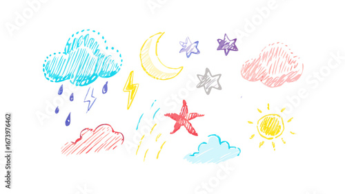 Hand drawn weather elements crayon texture clouds moon