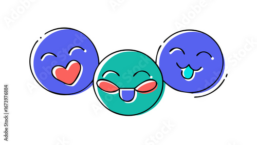 Happy cartoon faces with hearts and drips smiling