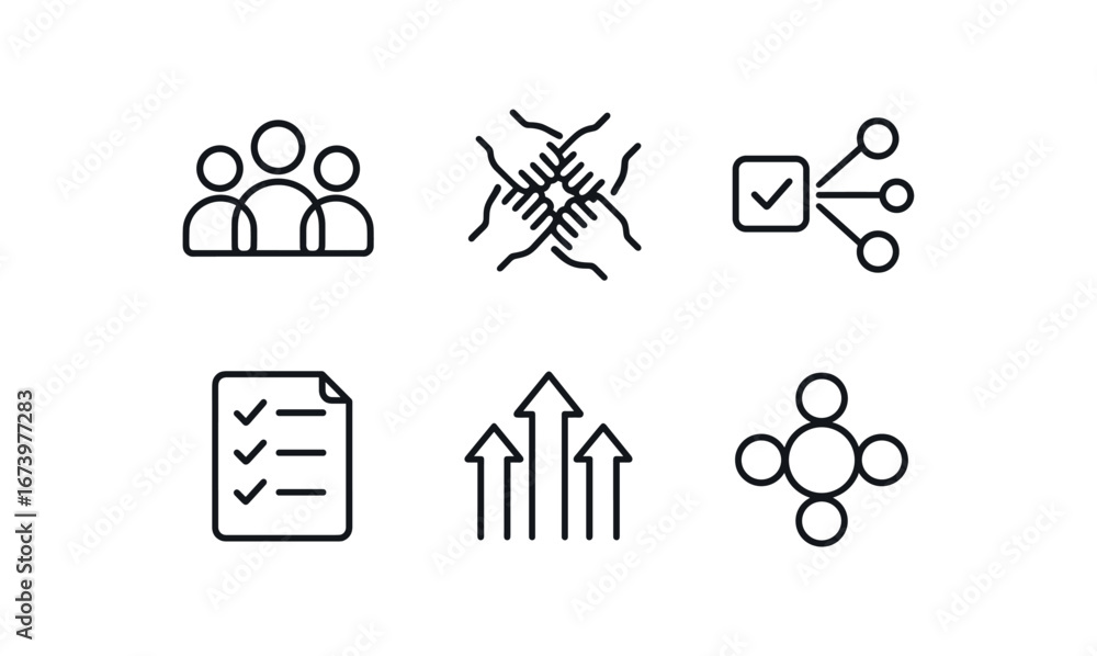Fototapeta premium simple outline stroke icon isolated on white background: group teamwork circle hands shared task checklist page arrow lines unity mark