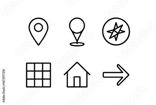simple outline stroke icon isolated on white background: location map pin compass icon grid lines house mark arrow point