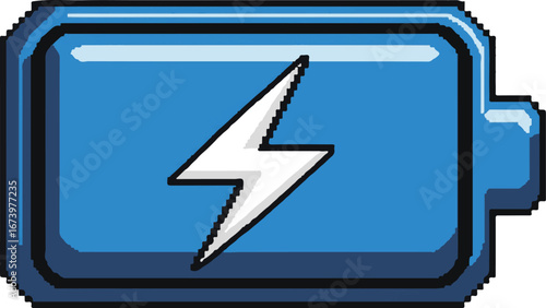 A vibrant blue battery icon with a prominent white lightning bolt, symbolizing charging or power, rendered in a stylized, pixel art aesthetic.