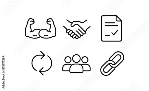 simple outline stroke icon isolated on white background: strong partnership linked hands contract sheet arrow flow team mark bond icon