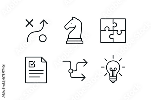 simple outline stroke icon isolated on white background: strategy chess piece arrow flow puzzle parts plan sheet idea spark