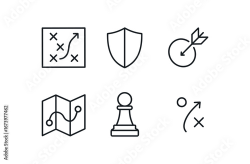 simple outline stroke icon isolated on white background: battle tactic shield icon arrow map line move piece plan mark