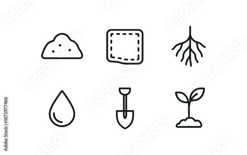 simple outline stroke icon isolated on white background: soil brown patch root lines water drop shovel mark sprout stem
