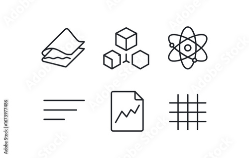 simple outline stroke icon isolated on white background: material composition cube parts atom bonds element lines chart sheet grid marks