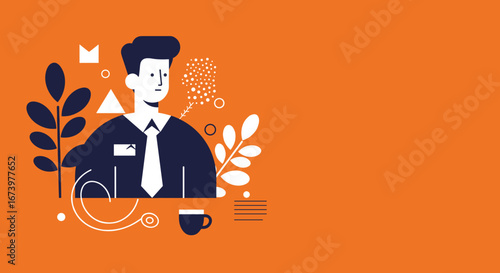 Professional man illustration with abstract shapes, plants, and coffee on an orange background. Ideal for corporate, business, career, and modern lifestyle concepts.