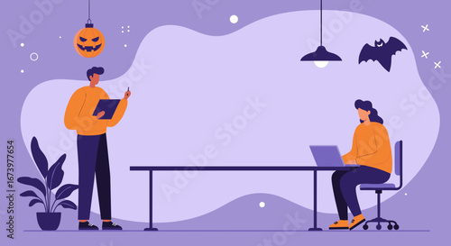 Professionals collaborate in a festive Halloween office environment. Ideal for seasonal business promotions, holiday productivity, or team projects.