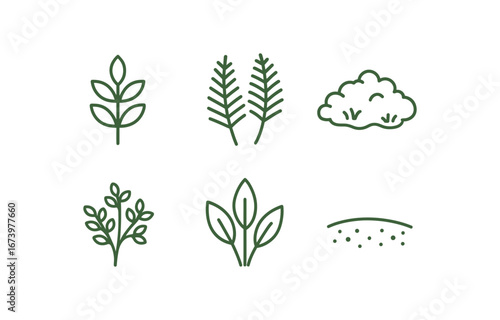 simple outline stroke icon isolated on white background: green vegetation fern fronds moss patch shrub icon leaf cluster soil base