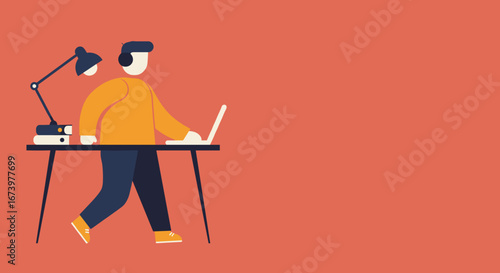 Flat design illustration of a person with headphones actively working on a laptop at a desk. Symbolizes remote work, learning, and modern productivity.