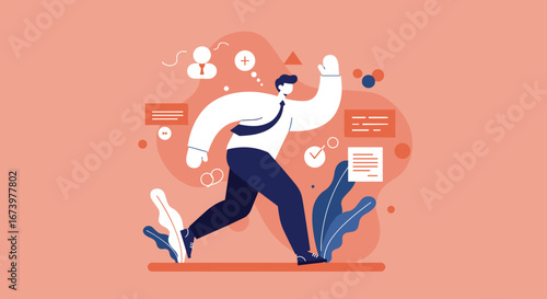 Energetic businessman illustration, running confidently amidst digital task icons. Represents business growth, success, and productivity in a corporate environment.