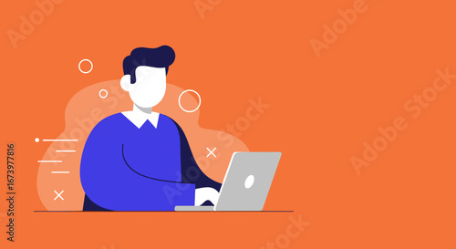 Illustration of a person diligently working on a laptop against a vibrant orange background. Ideal for remote work, online learning, digital productivity, business, and tech concepts.