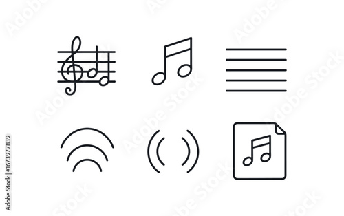 simple outline stroke icon isolated on white background: major chord clustered notes bar staff arc lines echo mark music page
