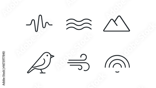 simple outline stroke icon isolated on white background: soundscape wide waves mountain line bird icon wind curve echo arc